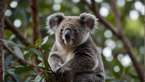  A koala perched on a tree branch, leisurely munching on leaves Generative AI © Haroon