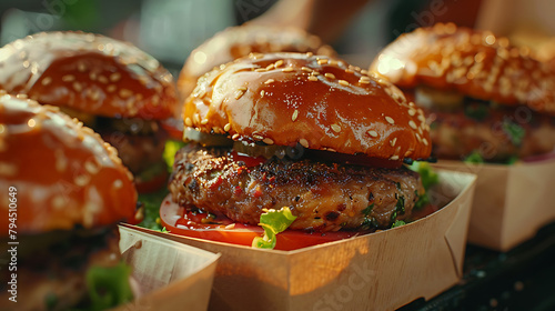 Street food, Meat cutlet burgers are in paper boxes, Food delivery
