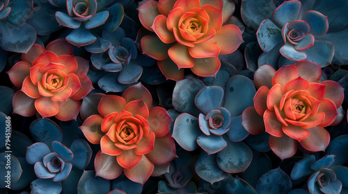 Close-up of vibrant red and blue succulent plants with a detailed view of petal patterns and color contrast