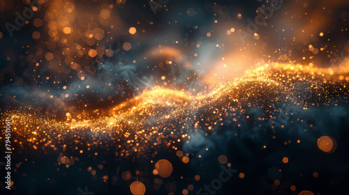 Abstract scene with golden particles and shimmering bokeh effects on a dark background