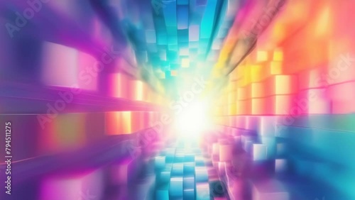A vibrant abstract tunnel of glowing, colorful blocks leading towards a bright light, symbolizing creativity and digital transformation. Digital digital game background. Banner. Copy space photo