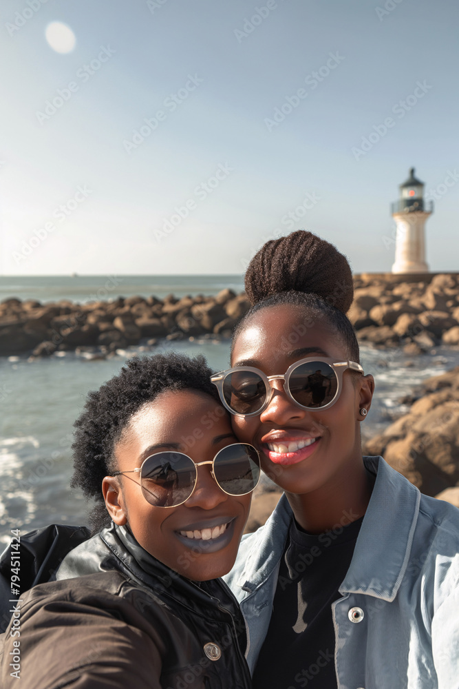 Smiling couple takes a selfie with a lighthouse and sea in the background Smiling couple takes a selfie with a lighthouse and sea in the background