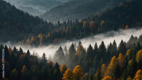 Enchanting autumn landscape in Germany's Black Forest, featuring rising fog amidst autumnal trees and firs Generative AI photo