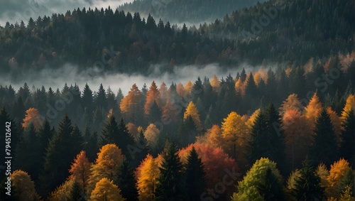 Enchanting autumn landscape in Germany's Black Forest, featuring rising fog amidst autumnal trees and firs Generative AI photo