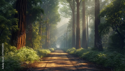 Morning in Redwood Forest, California, USA. Majestic trees under golden sunlight. 🌲☀️ #NatureSplendor photo