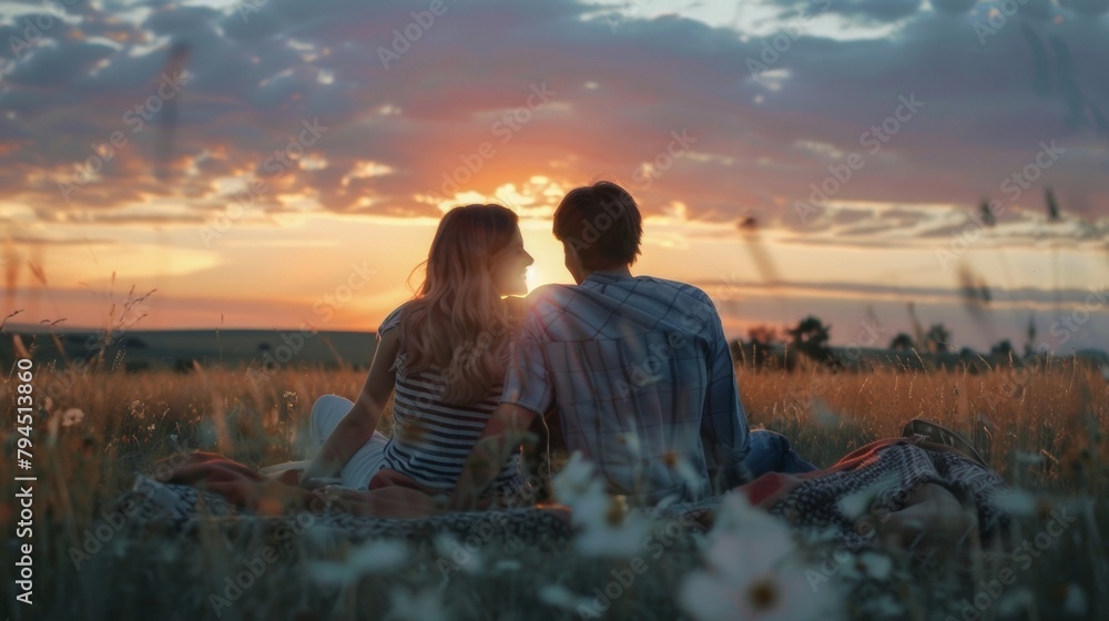 A couple sits on a blanket in a meadow facing away from the camera and towards the colorful sunset. hands are entwined and they . .