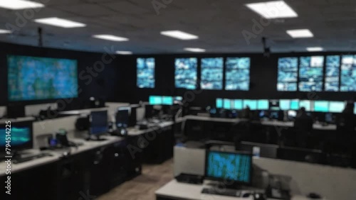 blur background of the army call center with many monitors in room render 3d
