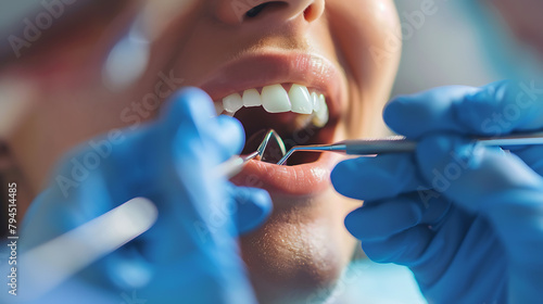 a dental procedure being performed. The patient’s face is partially visible but blurred to obscure their identity photo