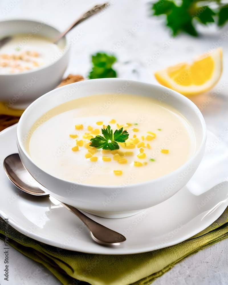 A plate with soup, spoon, and garnished with Fines herbes A plate with soup, spoon, and garnished with Fines herbes