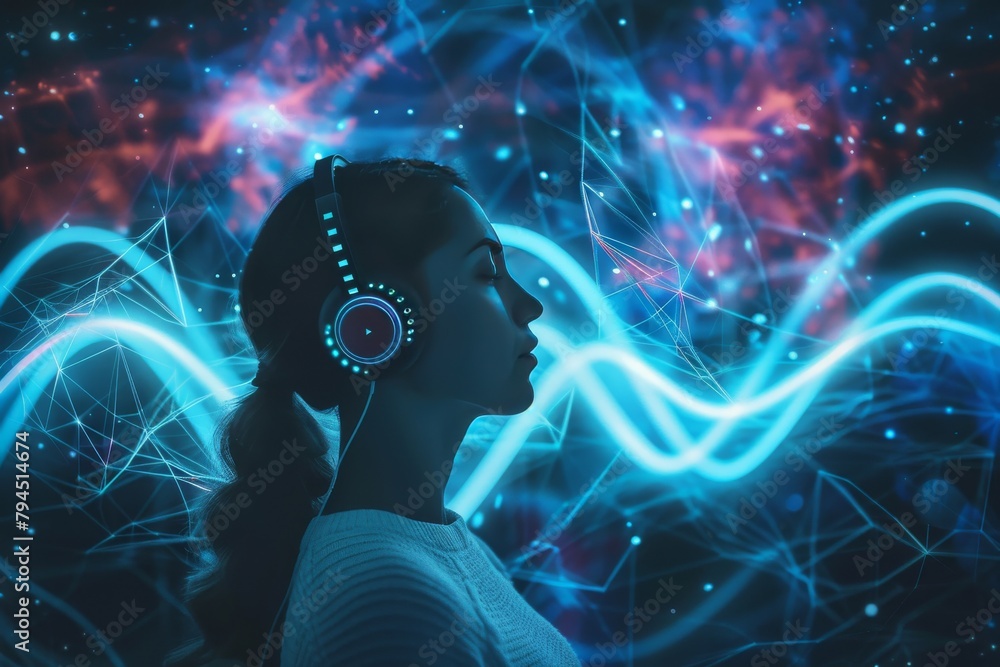 Cinematic Woman Bring Headphone And Meditating On Theta Brain Wave Cinematic woman bring headphone and meditating on theta brain wave