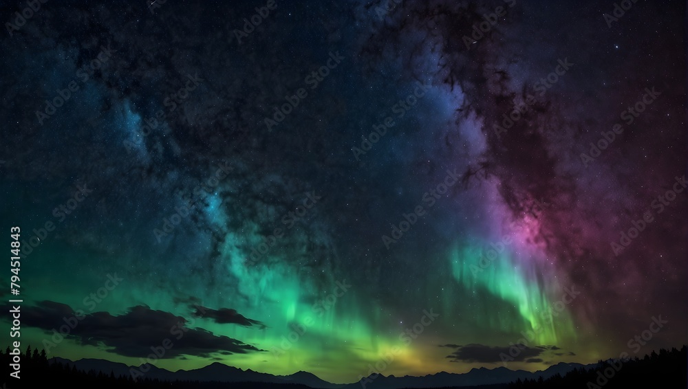 Illustration of a fantastical night sky backdrop adorned with spreading auroras Generative AI