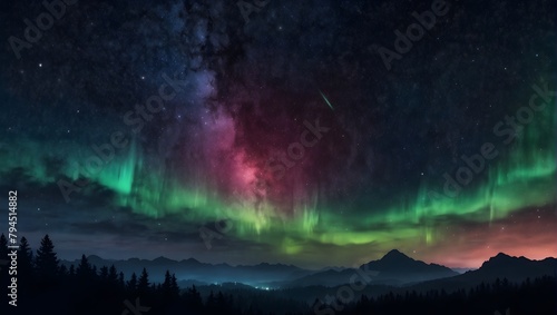 Illustration of a fantastical night sky backdrop adorned with spreading auroras Generative AI © Haroon