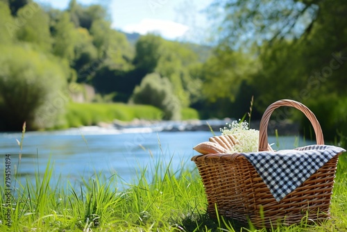 Picnic basket full of food, summer picnic on the river, vacation concept