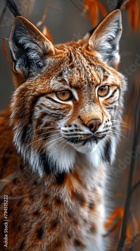 Portrait of a beautiful detailed fur lynx in natural habitat. Lynx with fluffy fur and piercing eyes under small snowflakes.