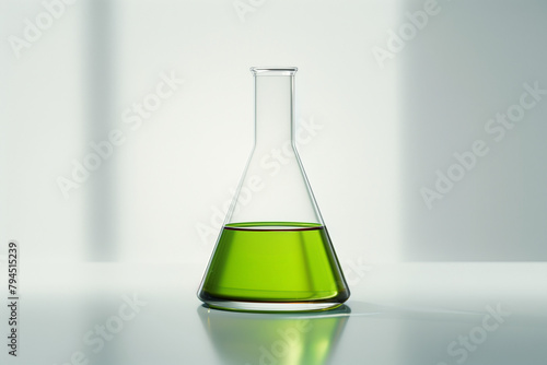 chemical laboratory flask with green liquid, erlenmeyer, white lab bench and background, glassware equipment for scientific experiment in medicine biology healthcare chemistry research, flavor odor