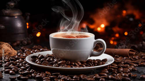 Classic White Coffee Cup with Smoke on Coffee Beans