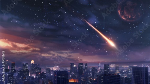 Night Sky Sprinkled with Stars Above the City's Silhouette, Сamet, asteroid, meteorite flying on dark blue background. Night landscape.