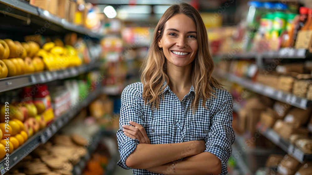 Attractive Asian woman working in supermarket standing at cash desk with arms crossed looking at camera smiling