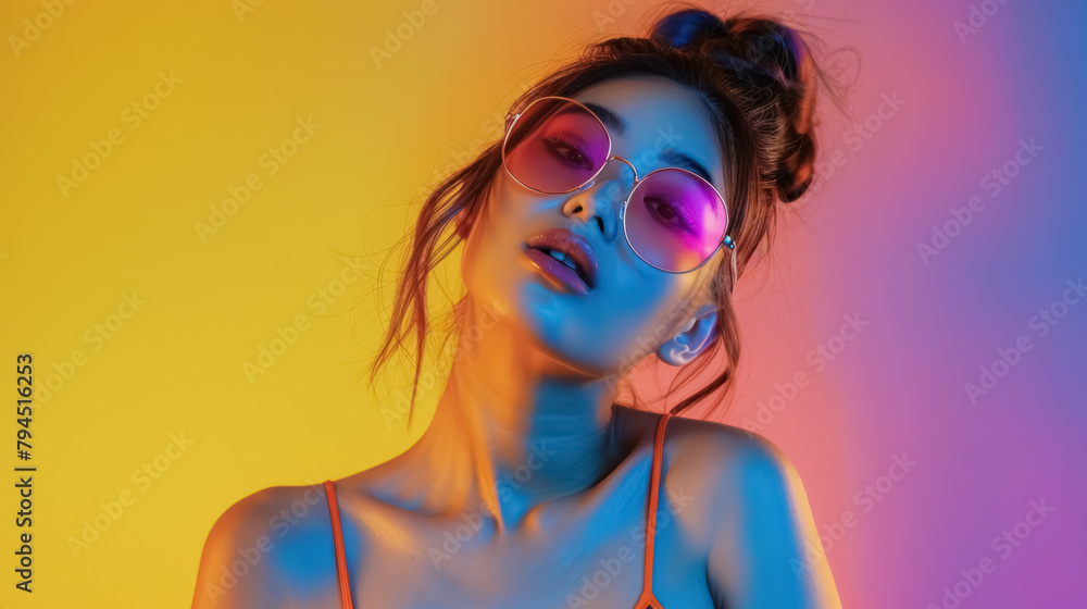 Naklejka premium fashionable woman with sunglasses in neon lighting portrait