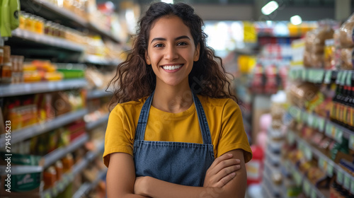 Attractive Asian woman working in supermarket standing at cash desk with arms crossed looking at camera smiling