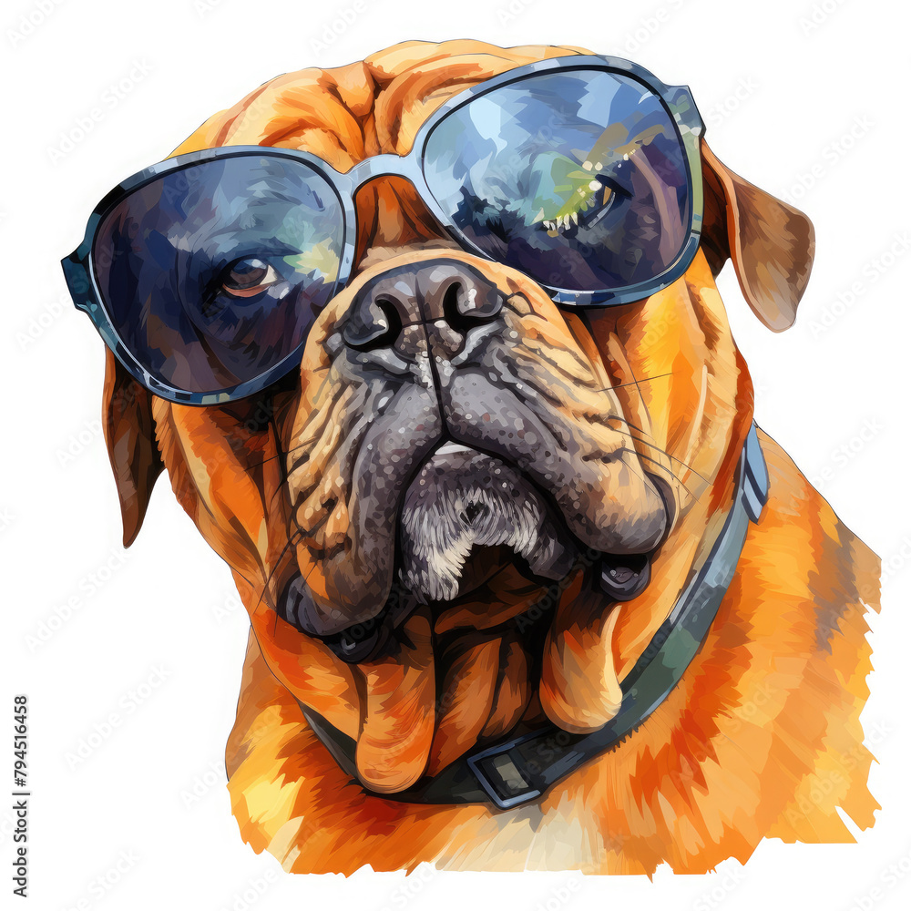 Watercolor mastino wearing sunglasses, clipart Illustration, Generative Ai