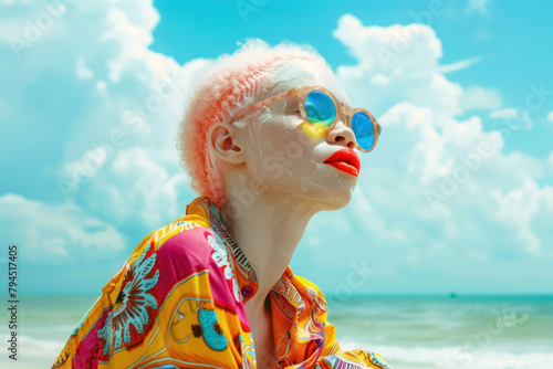 elegant albino woman with sunglasses enjoying seaside summer vibes