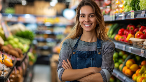 Young latin shopkeeper girl with arms crossed smiling happy at the fruit store. photo