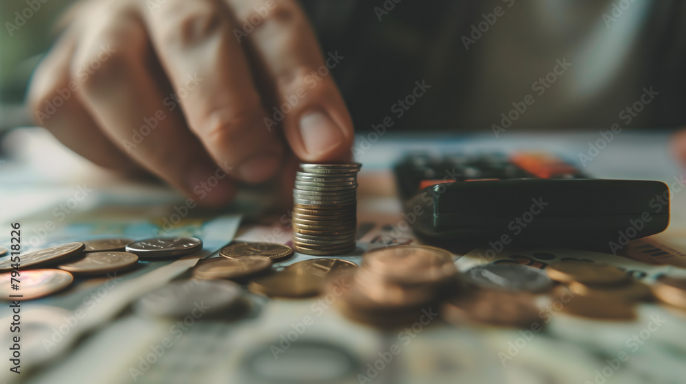 A person's hand piles up coins with money and a calculator on the table in a closeup shot of a financial concept