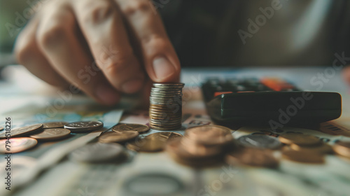 A person's hand piles up coins with money and a calculator on the table in a closeup shot of a financial concept