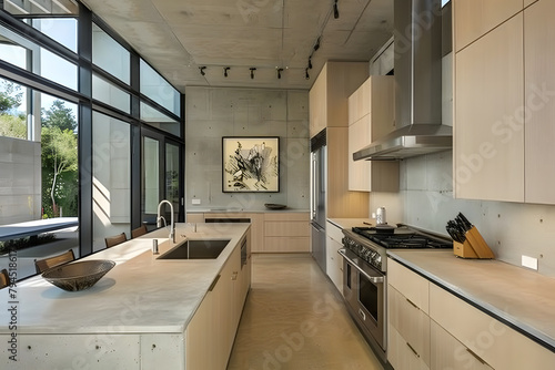 Contemporary modern kitchen interior in beige colors and concrete elements. © Алина Троева