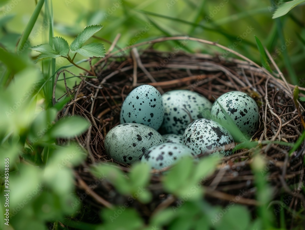 Speckled eggs in a nest Speckled eggs in a nest