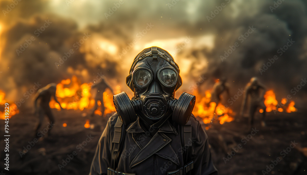 Man with war mask. Man with anti-fire mask. Man with war mask. Man with anti-fire mask.