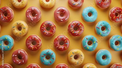 pattern of glazed donuts on colorful background for bakery menu or food blog, top veiw photo
