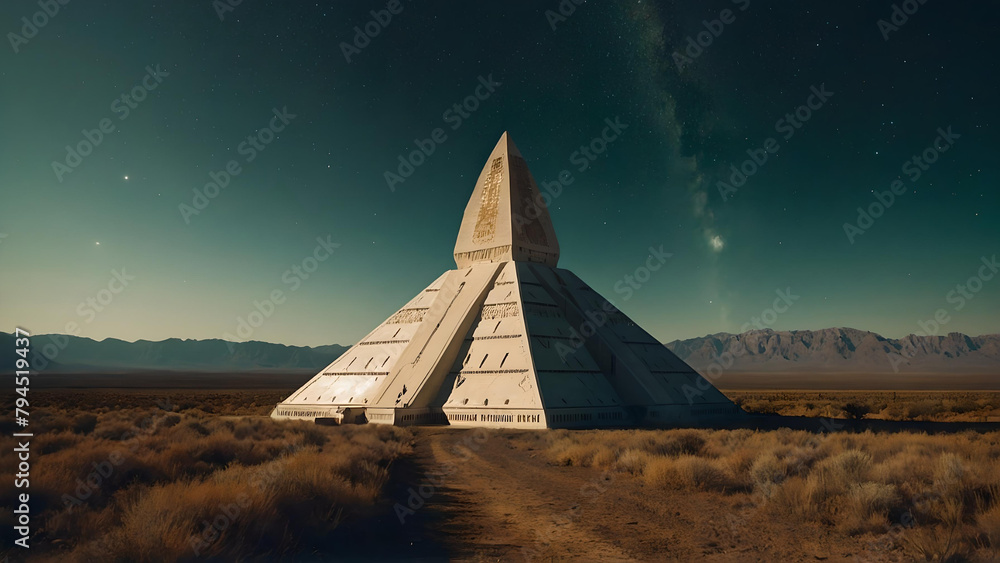 The center of the pyramid in the desert with a view of the galaxy