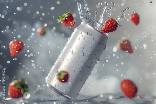 refreshing soda can mockup with water splash and flying strawberries for fresh drink concept photo