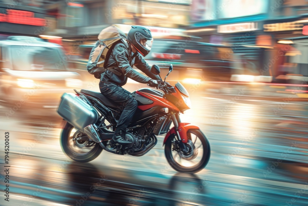 man riding a motorcycle carrying a big backpack on his back