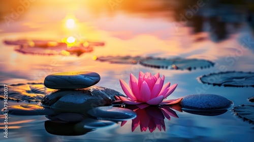 Beautiful lotus flowers and pile of stones on the water surface at sunset