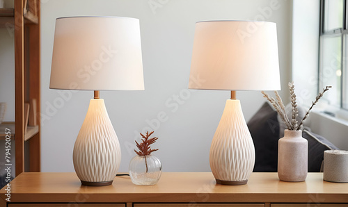 Two modern-style table lamps are placed on a sideboard next to a stylish