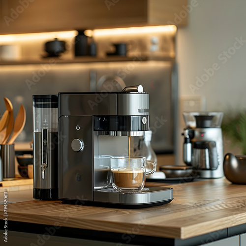 Clear grey coffee machine in the model kitchen, without a coffee cup, minimalist style 