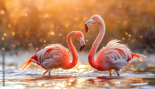 Flamingos in the water searching for food. Flamingos cooling off in the water.