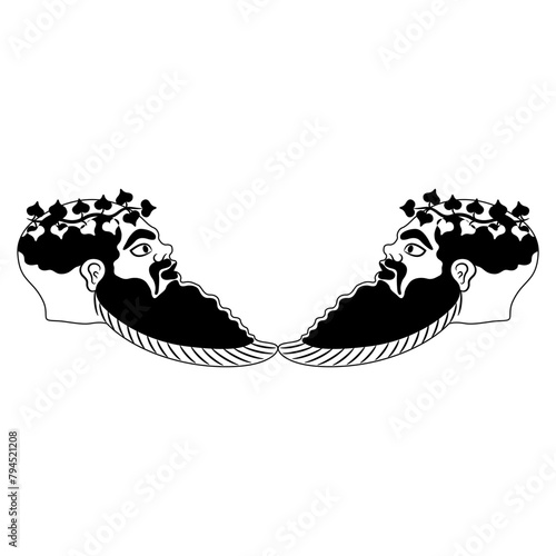 Symmetrical ethnic design with two heads in profile of a bearded ancient Greek Satyr wearing ivy wreath. Vase painting style. Black and white silhouette.