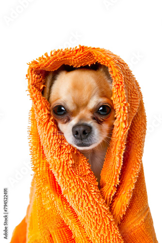 Adorable portrait of chihuahua with an orange towel on his head on transparent background