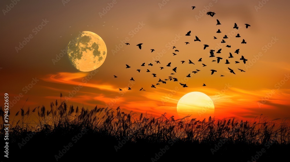 big moon and flying birds with scenery background at sunset