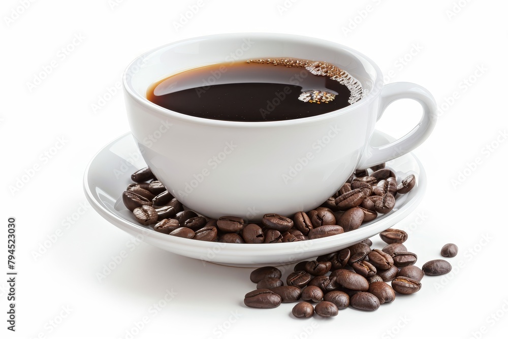 Freshly brewed coffee in a white cup with coffee beans Freshly brewed coffee in a white cup with coffee beans