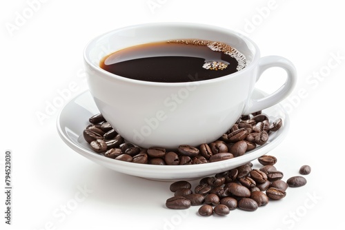 Freshly brewed coffee in a white cup with coffee beans