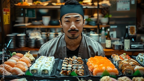 Chef proudly presenting a variety of fresh sushi at a Japanese restaurant.