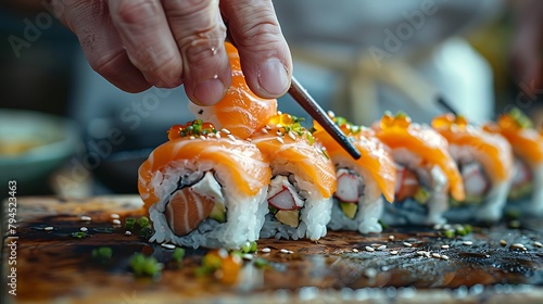A chef carefully places a slice of fresh salmon on top of a beautifully assembled sushi roll garnished with vibrant green herbs on a rustic wooden board.  photo