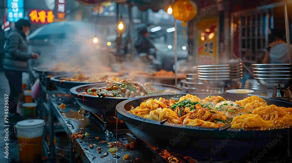 Vibrant street food market serving an array of Asian dishes under a glowing evening ambiance