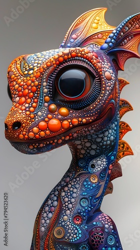 A vibrant and intricately patterned sculpture of a mythical creature against a gray background. 