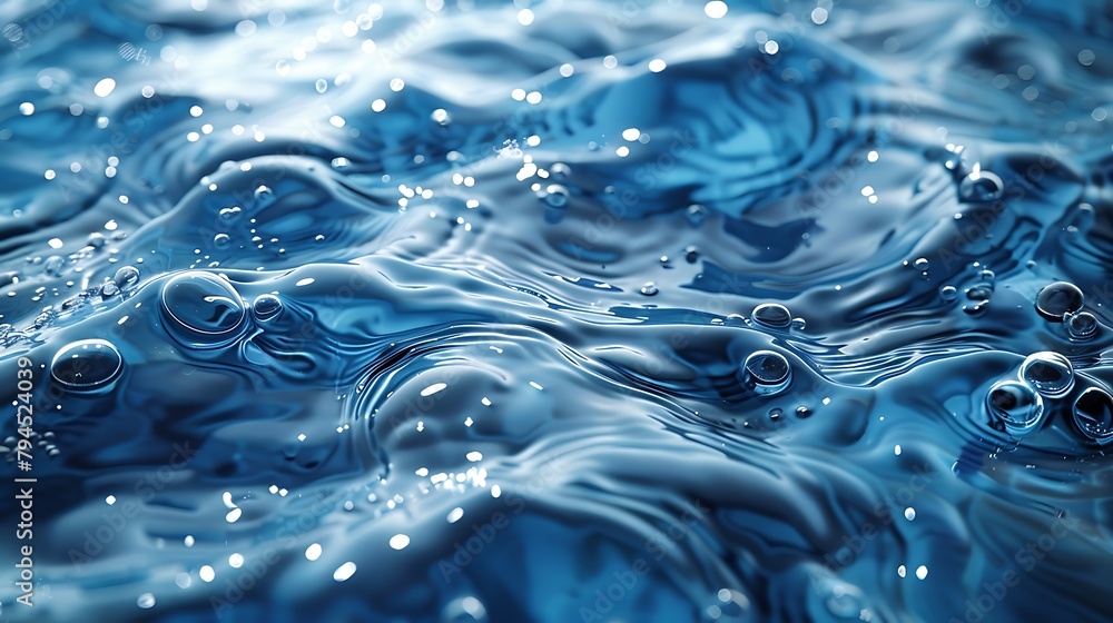 A close-up image capturing the intricate ripples and bubbles on a serene blue water surface, generating a tranquil and detailed texture. 